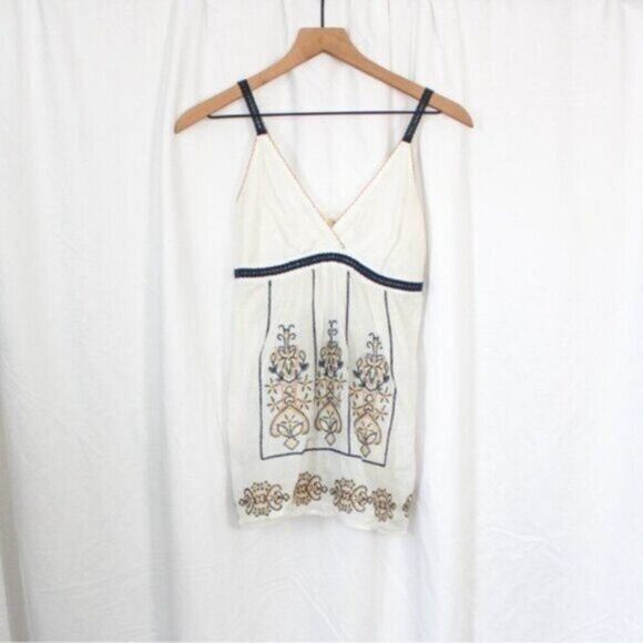 Forever 21 Y2K 90s White Black Tan Cami Babydoll Cotton V-Neck Top Small - Picture 1 of 10